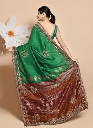 Green Satin Silk Contemporary Saree with Hand Work for Women