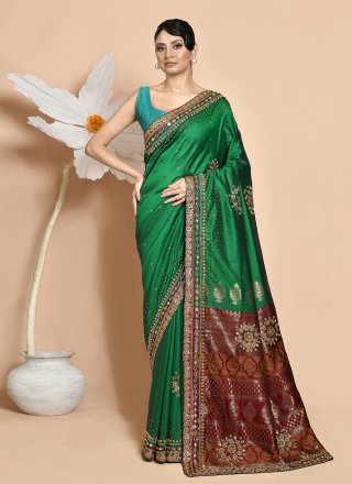 Green Satin Silk Contemporary Saree with Hand Work for Women
