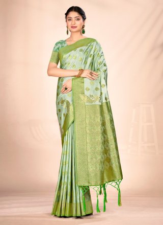 Green Satin Silk Designer Sari with Weaving Work