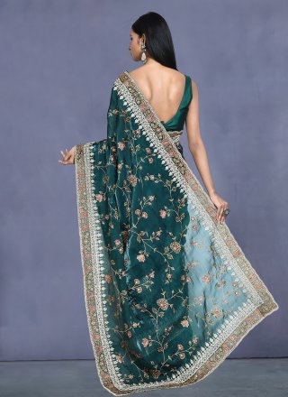 Green Satin Silk Embroidered and Sequins Work Traditional Saree for Women
