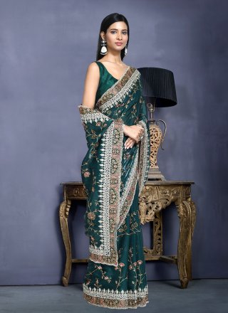 Green Satin Silk Embroidered and Sequins Work Traditional Saree for Women