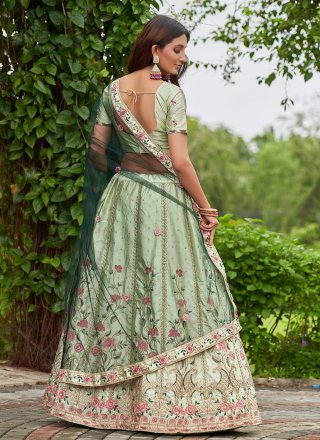 Green Satin Silk Embroidered Work A - Line Lehenga Choli for Casual