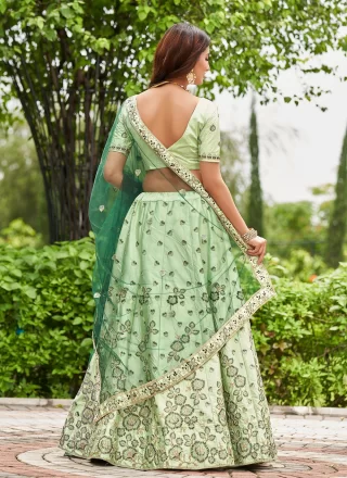 Green Satin Silk Embroidered Work A - Line Lehenga Choli for Women