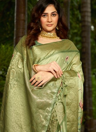 Green Satin Trendy Saree with Digital Print and Weaving Work