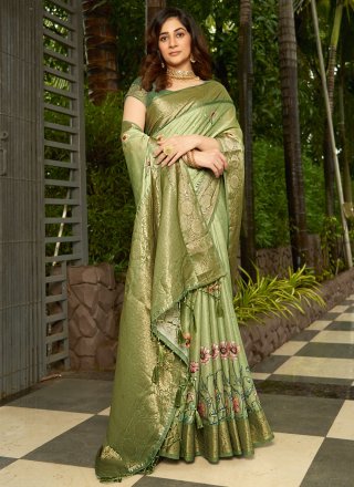 Green Satin Trendy Saree with Digital Print and Weaving Work