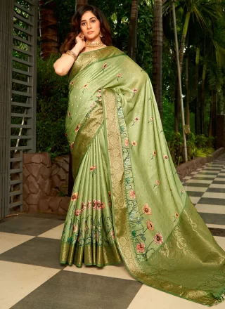 Green Satin Trendy Saree with Digital Print and Weaving Work