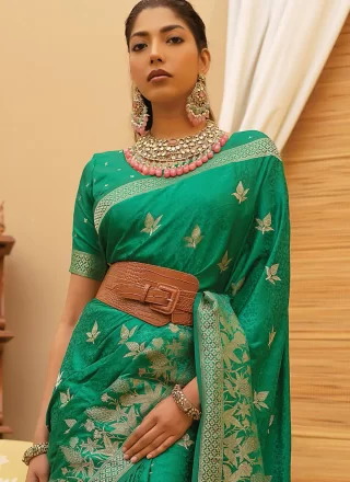 Green Satin Trendy Saree with Woven Work for Women