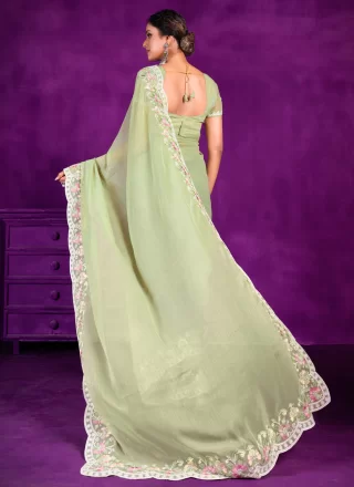 Green Shimmer Embroidered Work Contemporary Saree