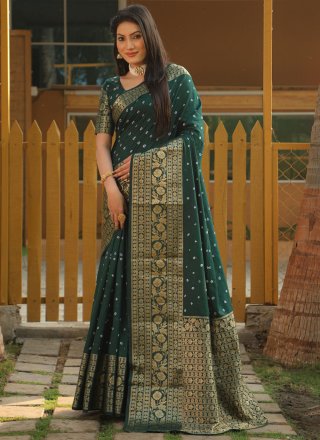 Green Silk Bandhej, Weaving and Zari Work Trendy Saree for Ceremonial