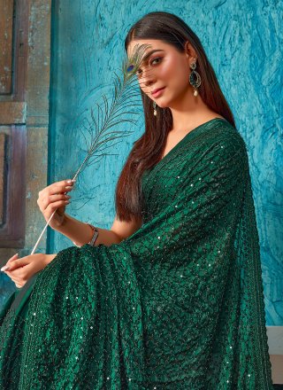 Green Silk Beads and Sequins Work Trendy Saree for Women
