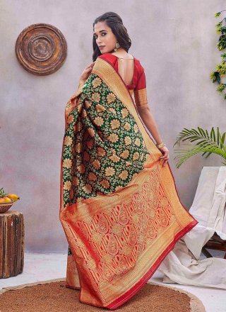Green Silk Blend Classic Sari with Jacquard and Woven Work for Women