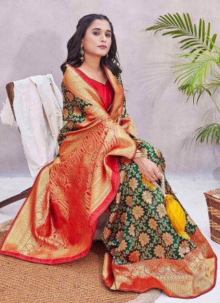 Green Silk Blend Classic Sari with Jacquard and Woven Work for Women