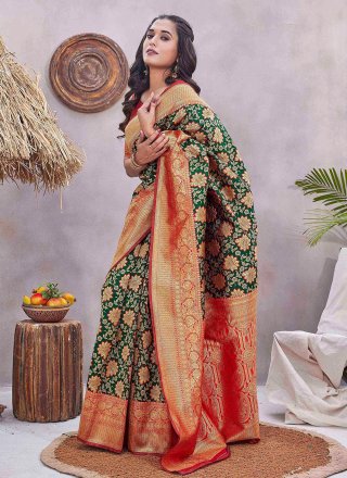 Green Silk Blend Classic Sari with Jacquard and Woven Work for Women