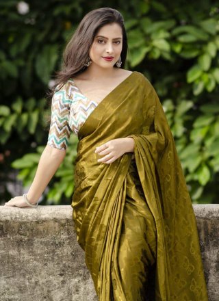 Green Silk Blend Fancy and Print Work Trendy Saree for Women