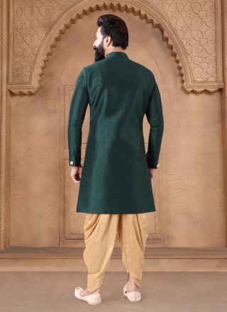 Green Silk Buttons and Plain Work Sherwani Mens Wear