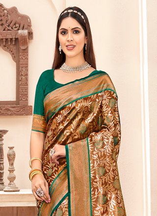 Green Silk Casual Saree with Print and Woven Work