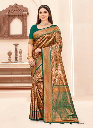 Green Silk Casual Saree with Print and Woven Work