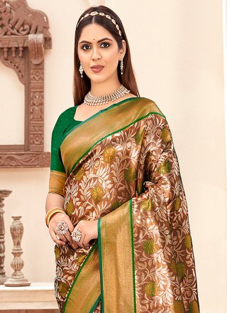 Green Silk Casual Saree with Print and Woven Work