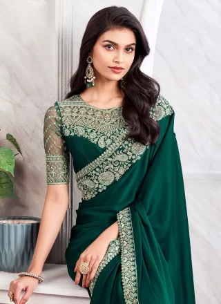 Green Silk Classic Sari with Patch Border and Embroidered Work for Women