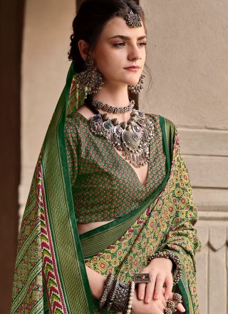 Green Silk Classic Sari with Print Work