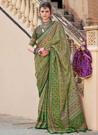 Green Silk Classic Sari with Print Work