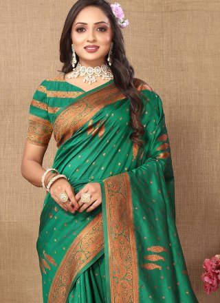 Green Silk Classic Sari with Weaving Work