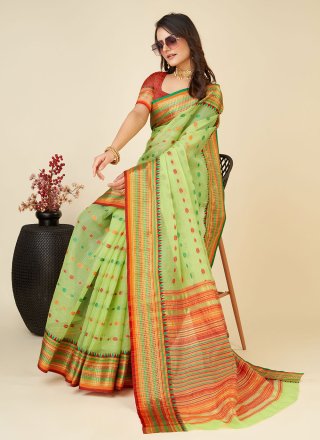 Green Silk Classic Sari with Weaving Work for Women