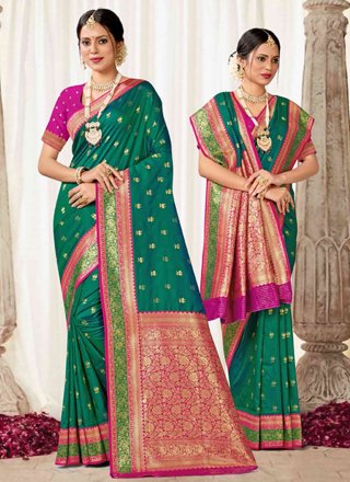 Green Silk Classic Sari with Woven Work for Women