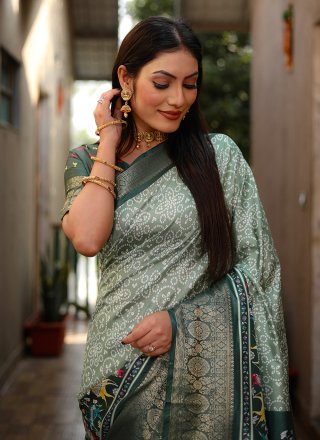 Green Silk Contemporary Saree with Bandhej, Patch Border and Print Work for Women