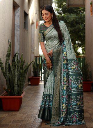 Green Silk Contemporary Saree with Bandhej, Patch Border and Print Work for Women
