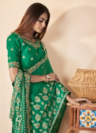 Green Silk Cord, Sequins, Stone and Thread Work Trendy Saree for Ceremonial