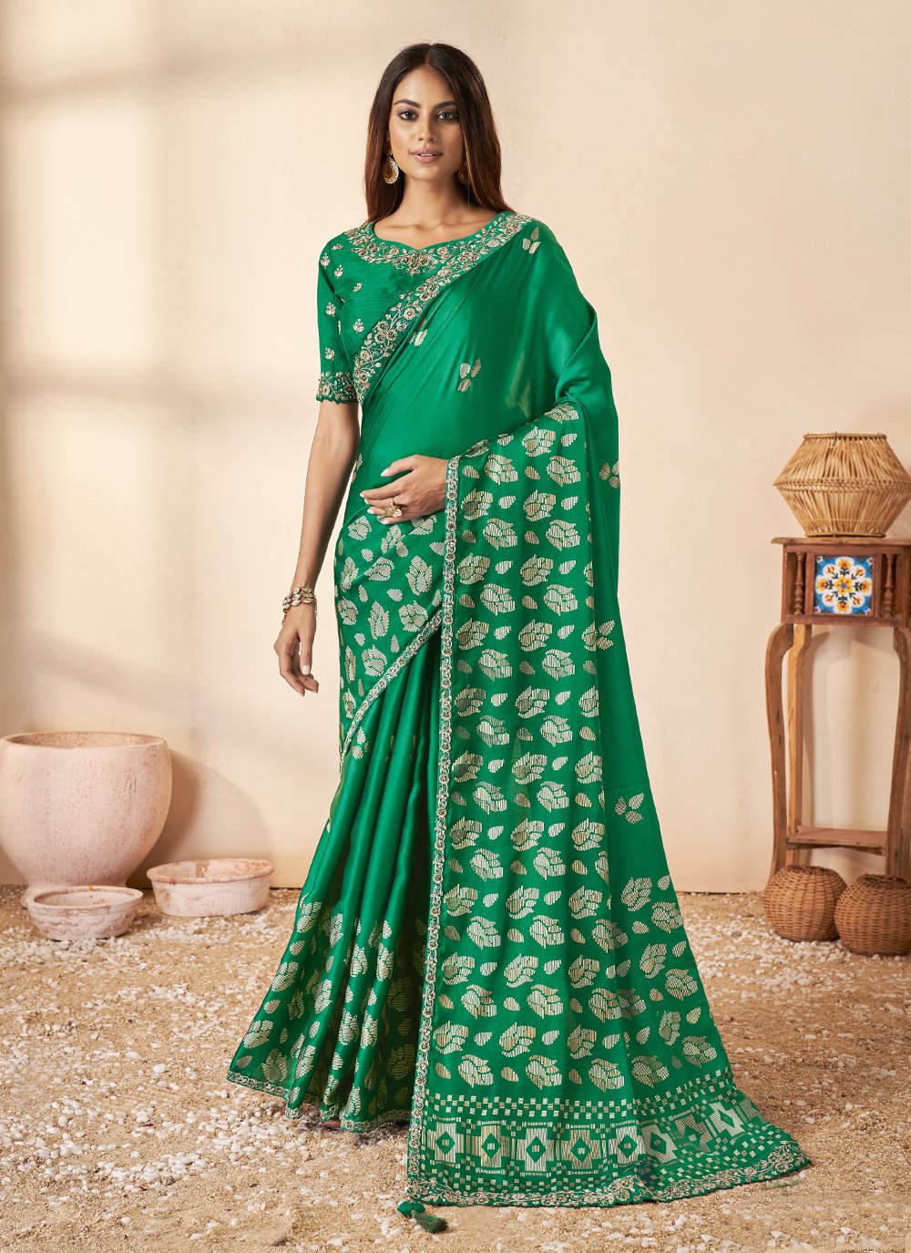 Raw silk Weaving Mehndi Saree with Blouse - SR24279