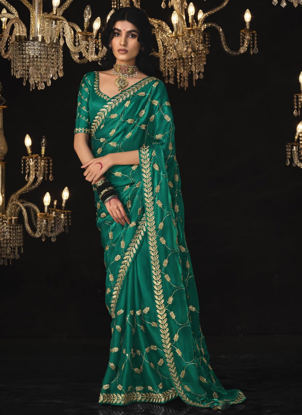 Embroidered Saree Matching Jewellery For Green Saree Green