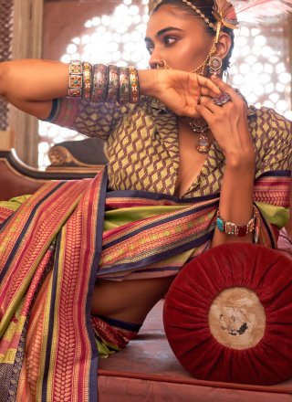 Green Silk Designer Sari with Weaving Work