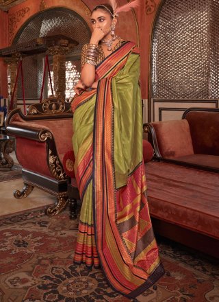 Green Silk Designer Sari with Weaving Work