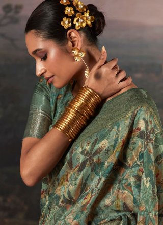 Green Silk Digital Print Work Classic Sari for Ceremonial