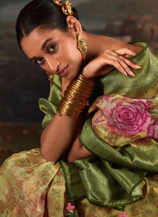 Green Silk Digital Print Work Trendy Saree for Women
