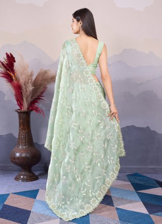 Green Silk Embroidered and Sequins Work Classic Sari for Ceremonial