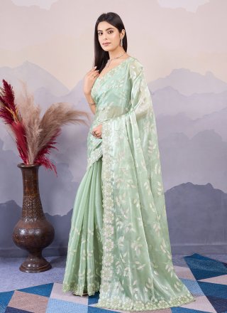 Green Silk Embroidered and Sequins Work Classic Sari for Ceremonial