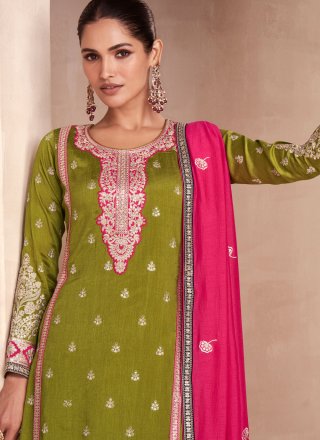 Green Silk Embroidered and Sequins Work Palazzo Salwar Suit for Women