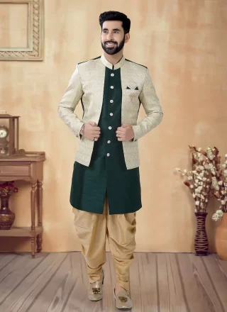 Green Silk Embroidered, Sequins and Thread Work Sherwani Mens Wear for Ceremonial