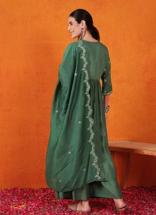 Green Silk Embroidered, Thread and Woven Work Salwar Suit for Women