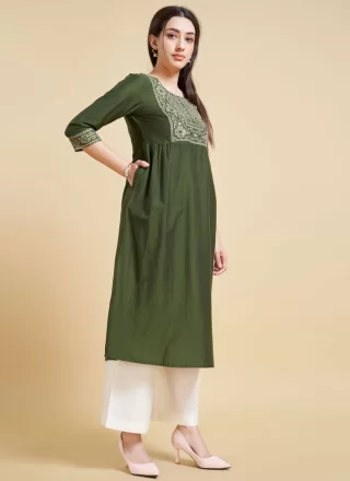 Green Silk Embroidered Work Casual Kurti for Casual