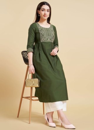 Green Silk Embroidered Work Casual Kurti for Casual