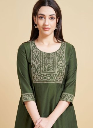 Green Silk Embroidered Work Casual Kurti for Casual