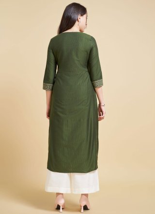 Green Silk Embroidered Work Casual Kurti for Casual