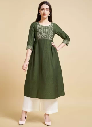Green Silk Embroidered Work Casual Kurti for Casual