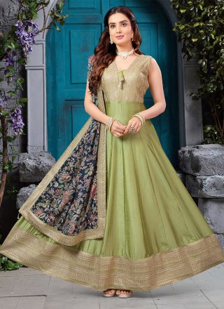 Green Silk Embroidered Work Gown