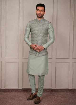 Green Silk Embroidered Work Kurta Payjama with Jacket for Ceremonial