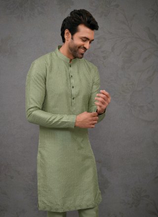 Green Silk Embroidered Work Kurta Pyjama for Men